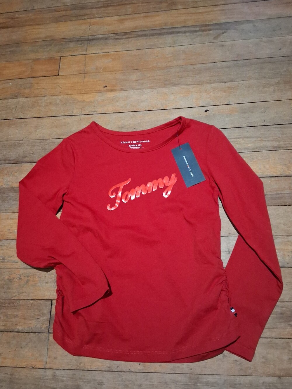 Tommy Hilfiger Red Long Sleeve Top with Metallic 'Tommy' Script